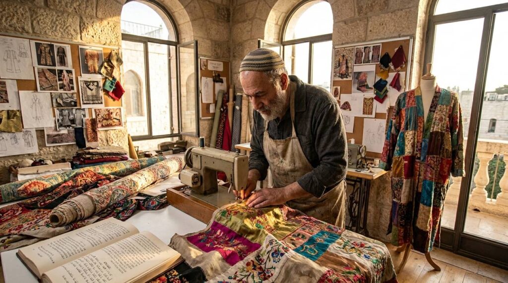 Israeli designer sewing a biblical-inspired robe in Jerusalem workshop.