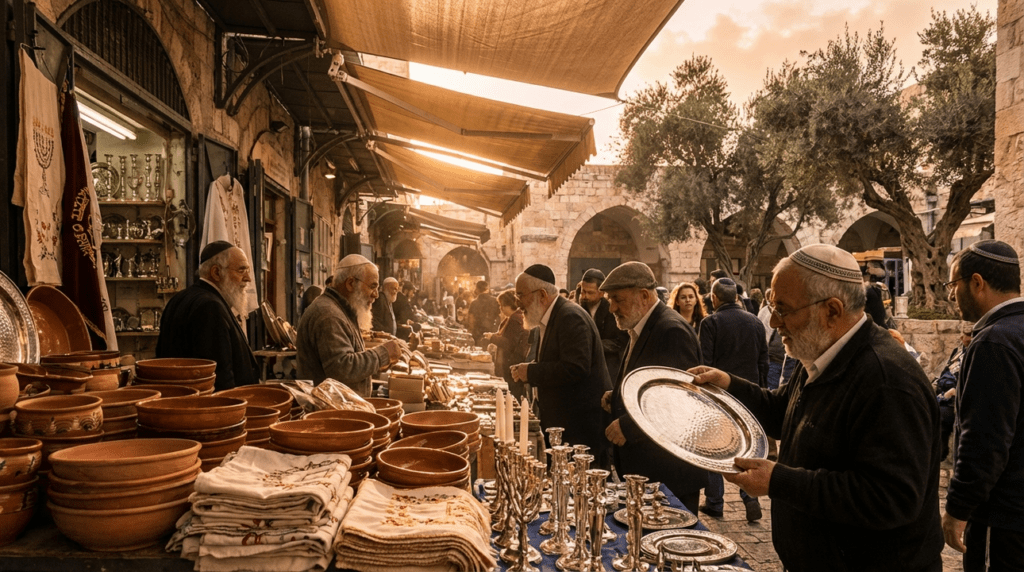 Jewish market in Jerusalem with vendors selling crafts under olive trees.