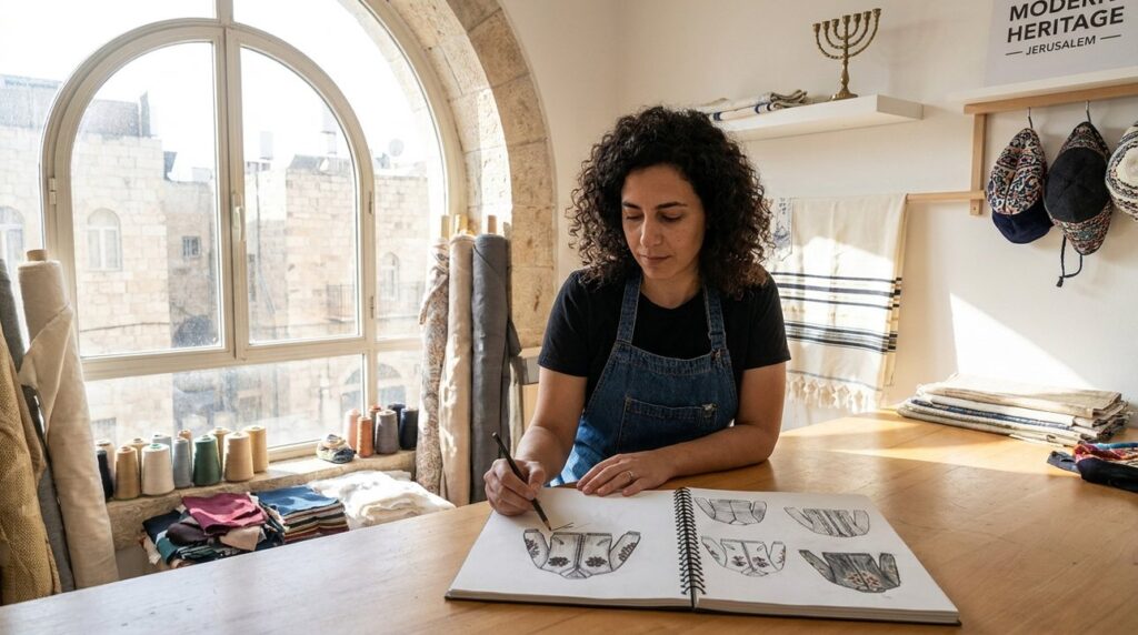Israeli fashion designer sketches contemporary designs in sunlit Jerusalem studio.
