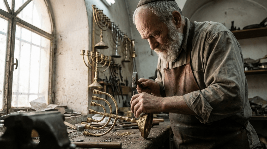Artisan in Israel crafting a traditional menorah in his workshop.
