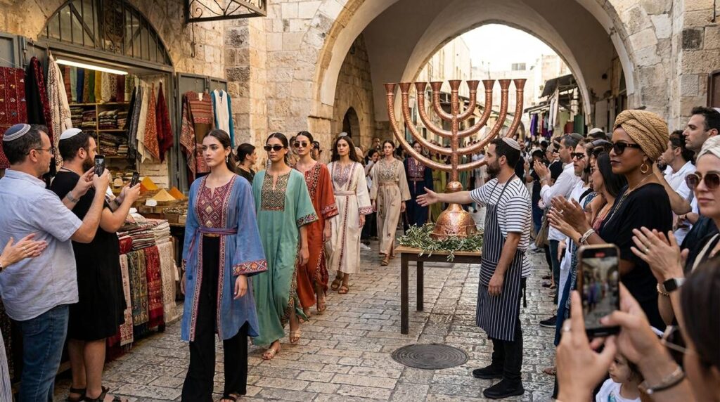 Israeli fashion show at Jerusalem marketplace with cultural decorations.