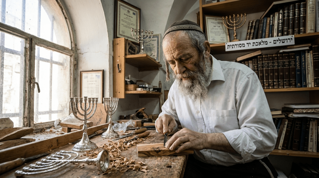 Elderly Jewish craftsman creating Judaica in sunlit Jerusalem workshop.