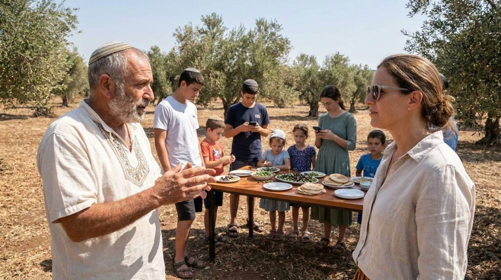 Locals in traditional and modern attire in sunlit olive grove in Israel.