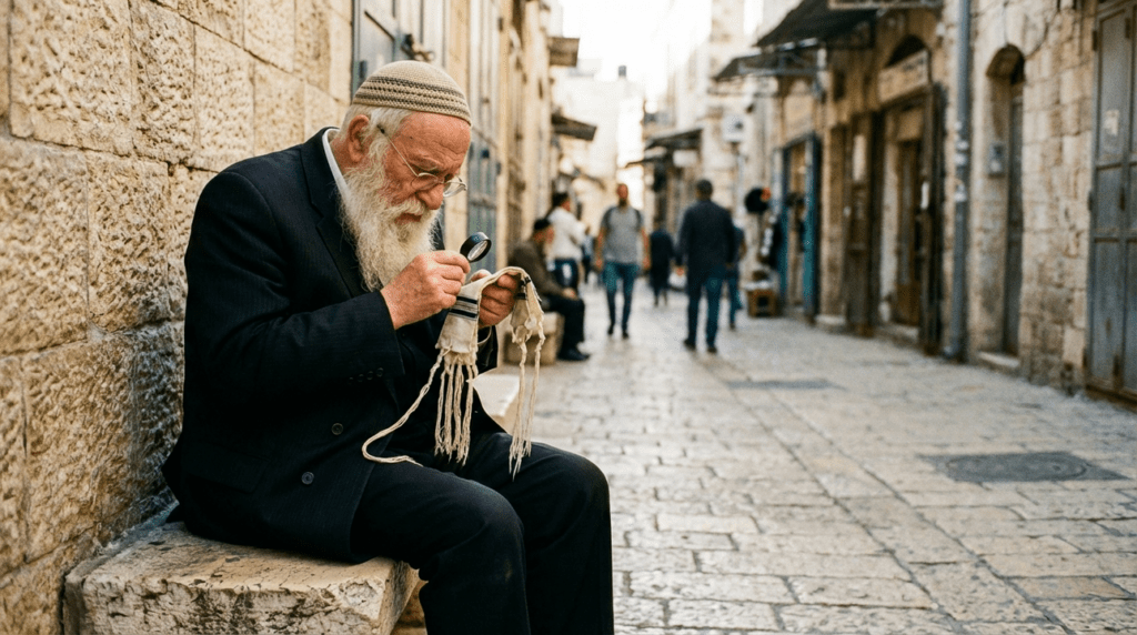 Elderly Jewish man in Jerusalem inspects his tallit fringes.