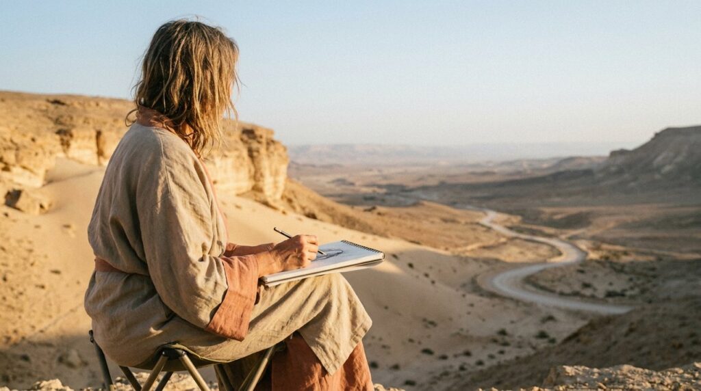Designer in desert-inspired garment sketching in the Negev Desert.