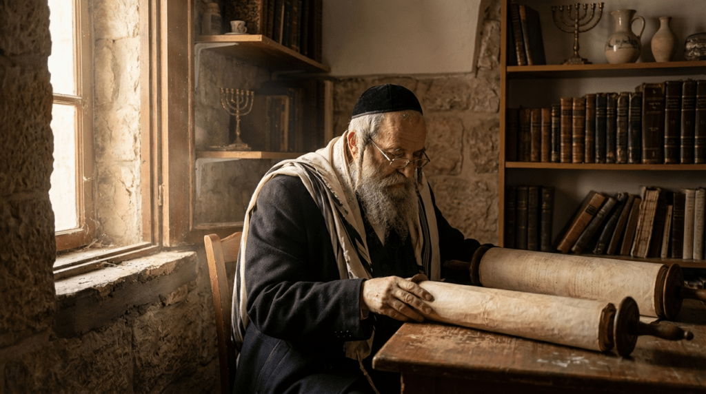 Elderly Jewish man reading Torah in dim, artifact-filled room.