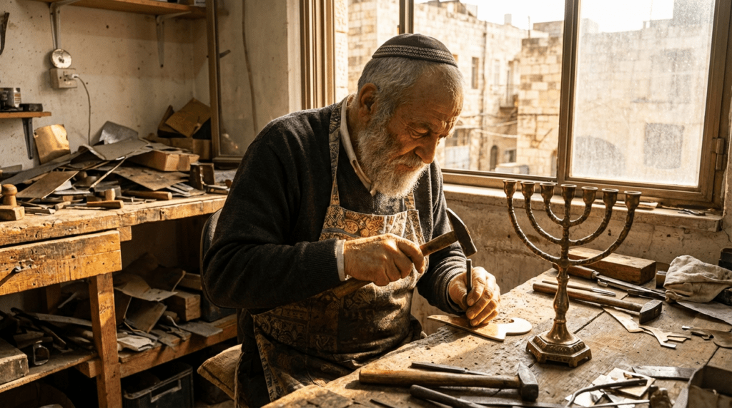 Elderly Jewish artisan crafting a menorah in a sunny workshop.