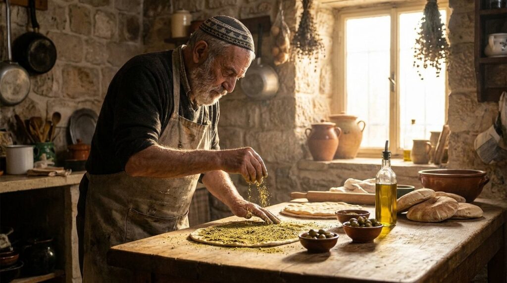 Elderly Jewish man in kippah preparing za'atar in rustic kitchen.