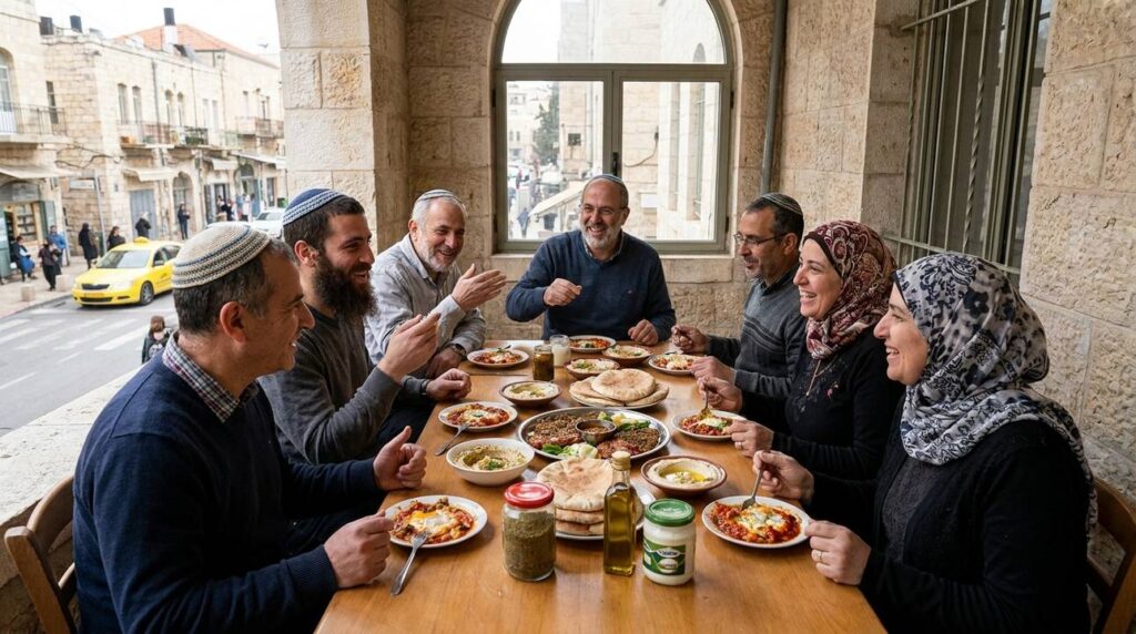 Family in Israel sharing traditional meal with za'atar, wearing head coverings.