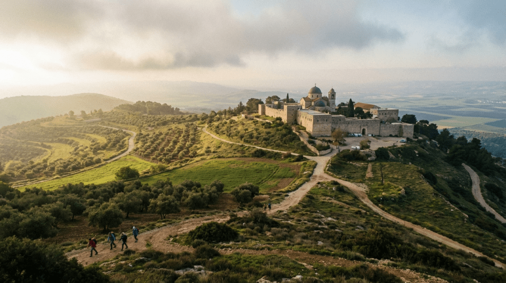 Panoramic view of Mount Tabor with Franciscan Monastery in morning light.