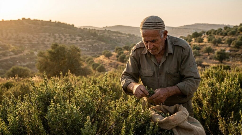 Elderly man in kippah harvesting za'atar in a field in Israel.