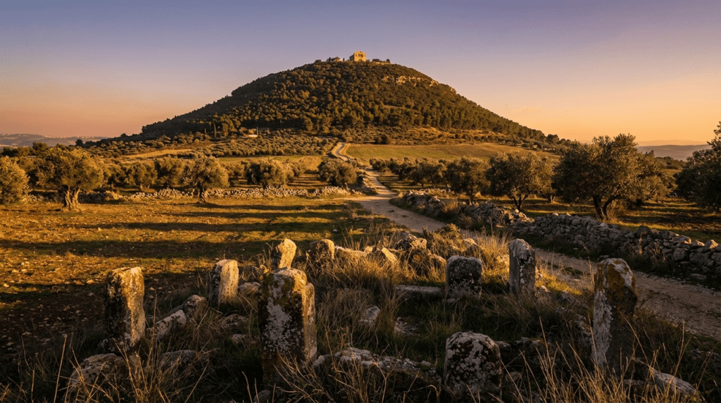 Mount Tabor at golden hour with visible old boundary stones.