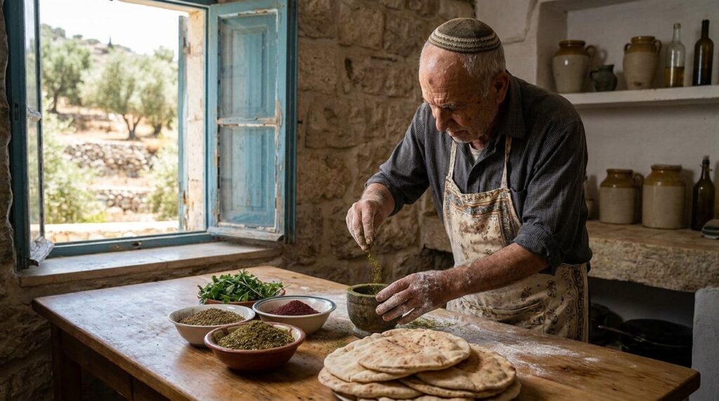 Elderly Israeli man wearing a kippa prepares meal with za'atar.