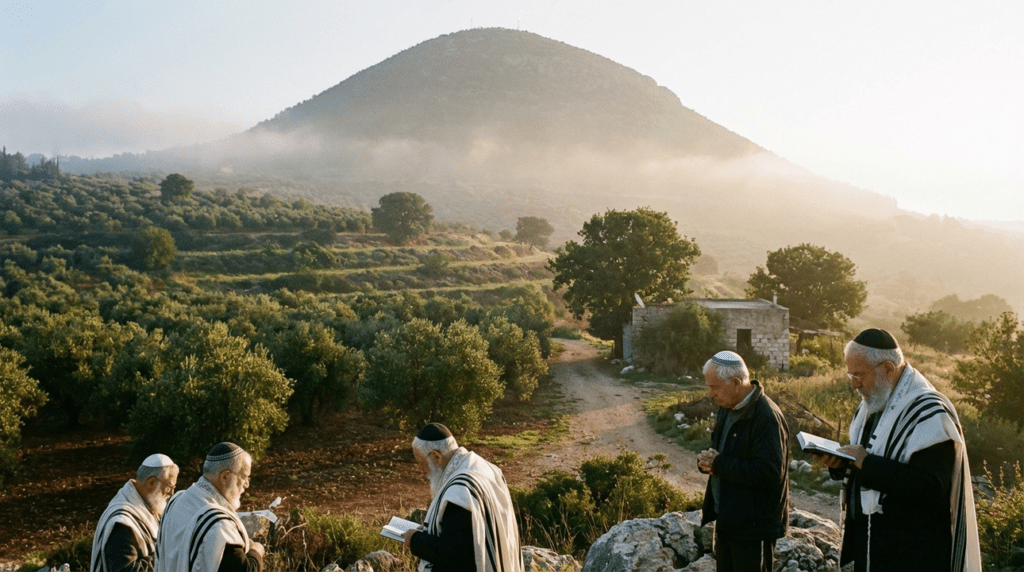 Mount Tabor at sunrise with individuals in Jewish attire praying.