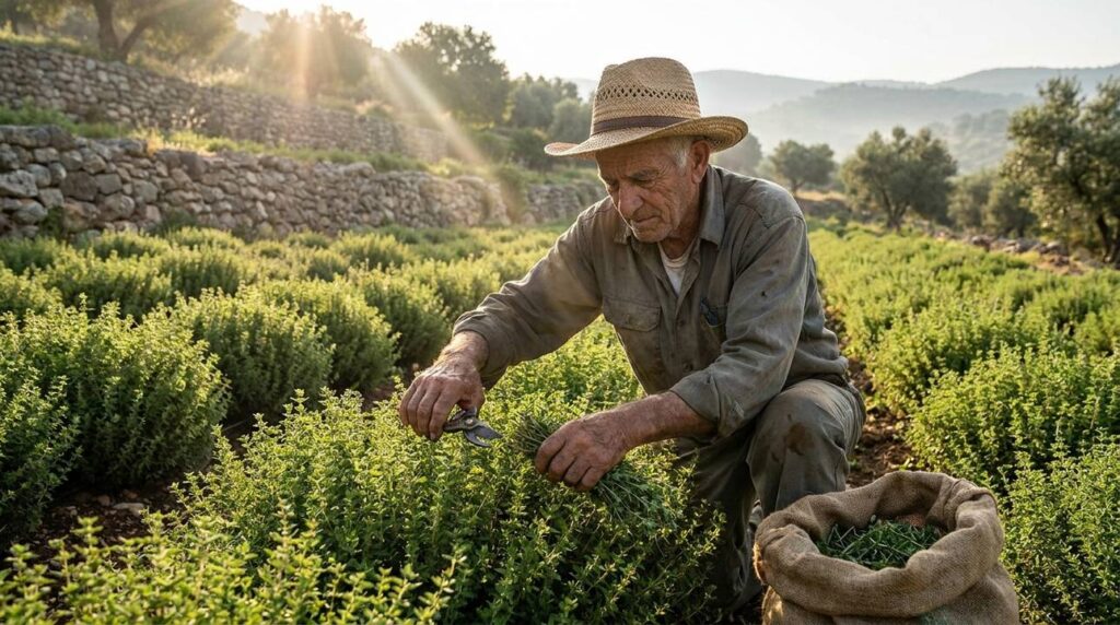 Farmer harvesting za'atar in Galilee with sunlit hills in background.