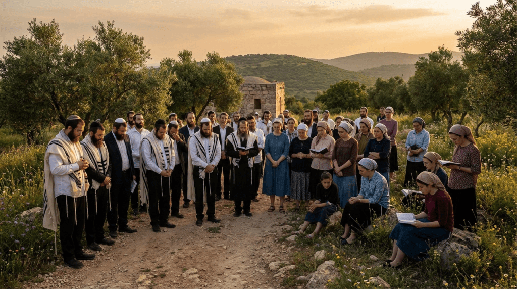 Jewish pilgrims praying in traditional attire on Mount Tabor.