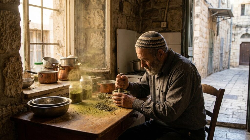 Elderly Jewish man in kipa preparing Za'atar in sunlit kitchen.