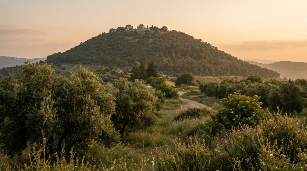 Mount Tabor at sunset with lush greenery in the foreground.