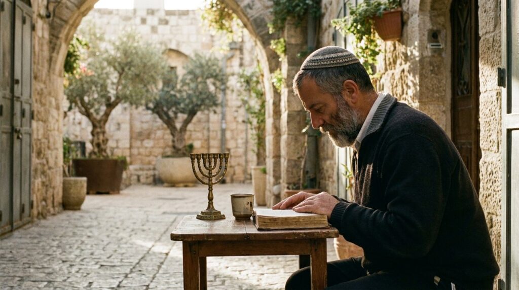 Jewish man reads scriptures beside menorah in Jerusalem alley.