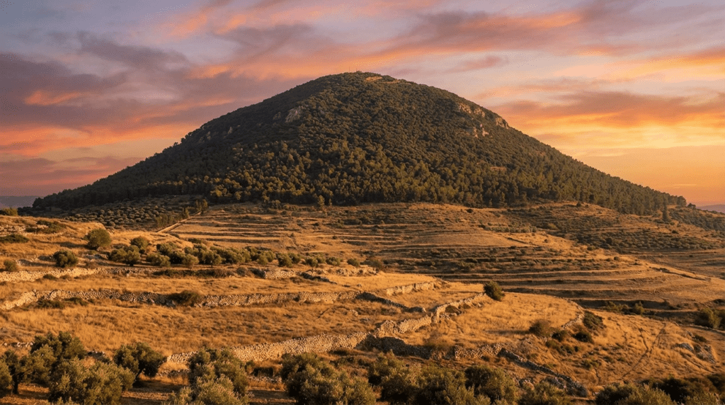 Mount Tabor in Israel at golden hour, devoid of modernity.