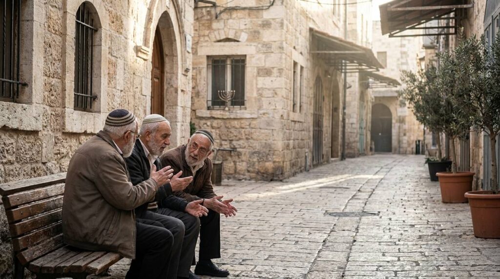 Elderly Jewish men in kippahs conversing in a cobblestoned Jerusalem alley.