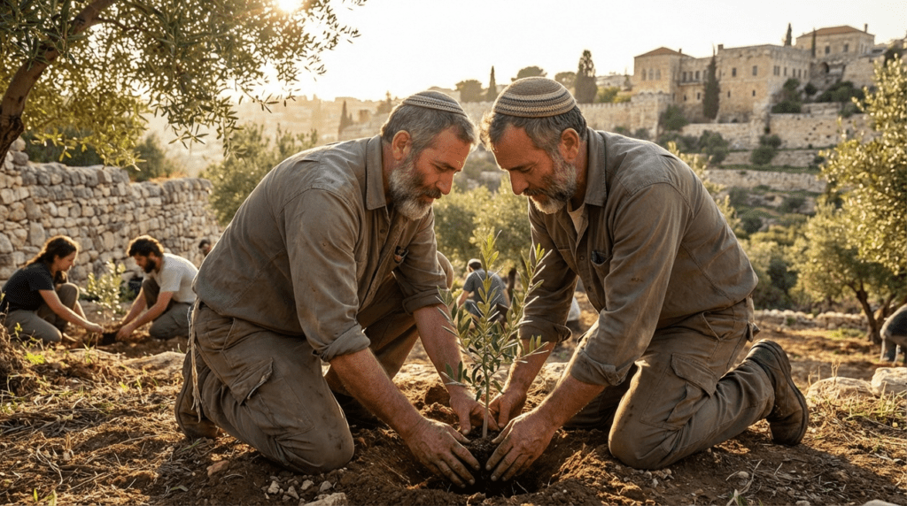Middle-aged Jewish man planting olive trees in a grove.