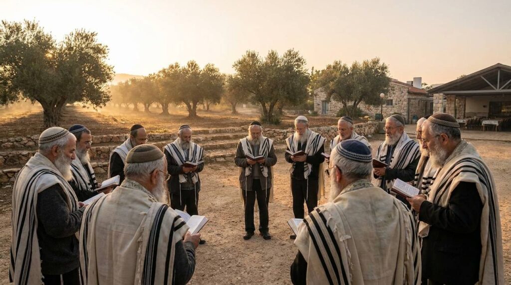 Elderly men in traditional Jewish attire praying outdoors in a kibbutz.