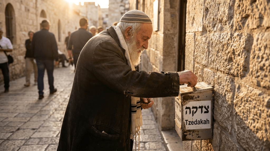 Elderly Jewish man placing coins into a "Tzedakah" box in Jerusalem.