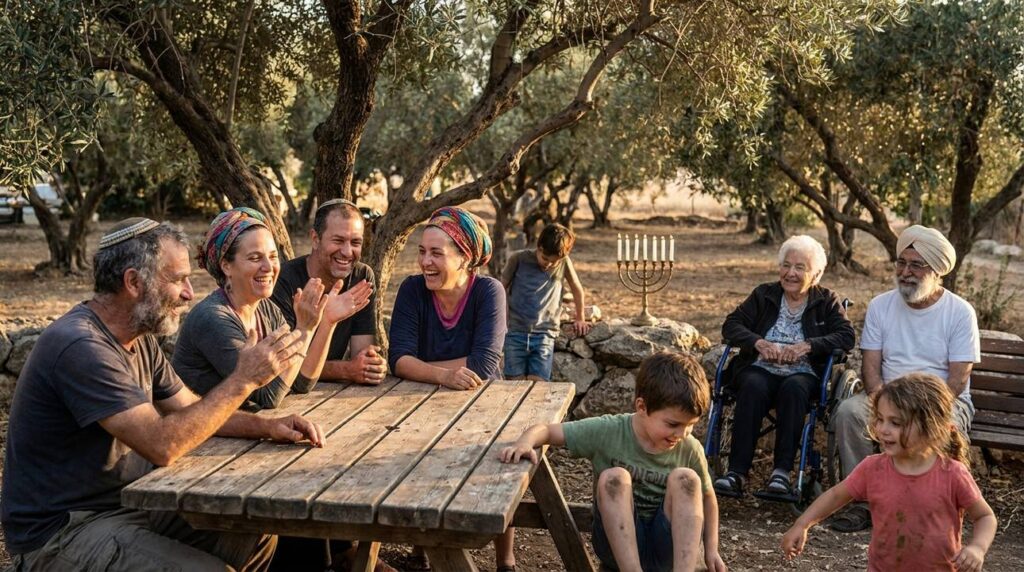 Group of diverse people discussing under olive trees in a kibbutz.