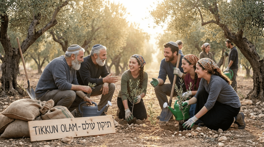 Diverse volunteers plant trees in an Israeli olive grove.