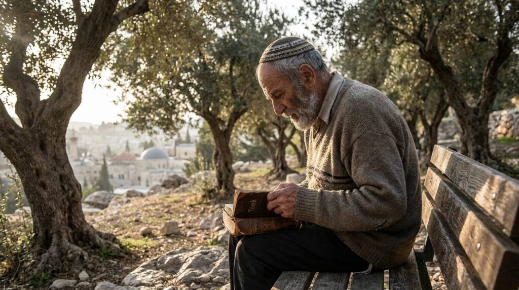 Elderly Jewish man in kippah reading Torah in olive grove.
