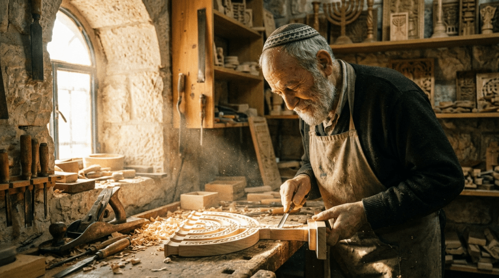 Elderly craftsman carving a wooden menorah in a sunlit workshop.