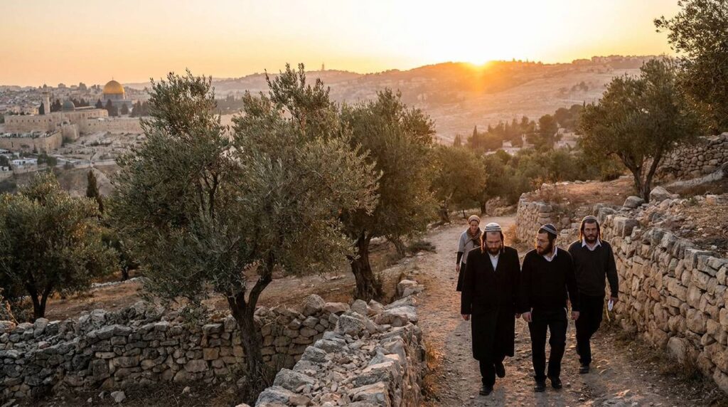 Old olive grove, stone walls, people walking, sunset over Jerusalem.