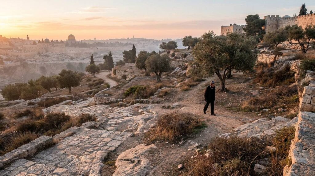 Hill of Evil Counsel at sunrise with stone paths and olive trees.