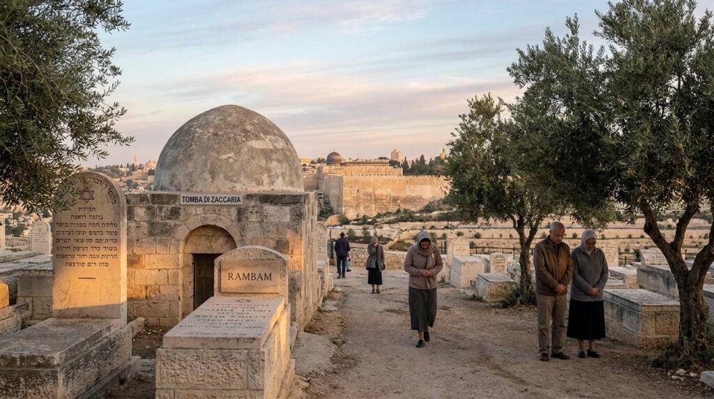 Early morning at Mount of Olives cemetery with visitors and Jerusalem view.