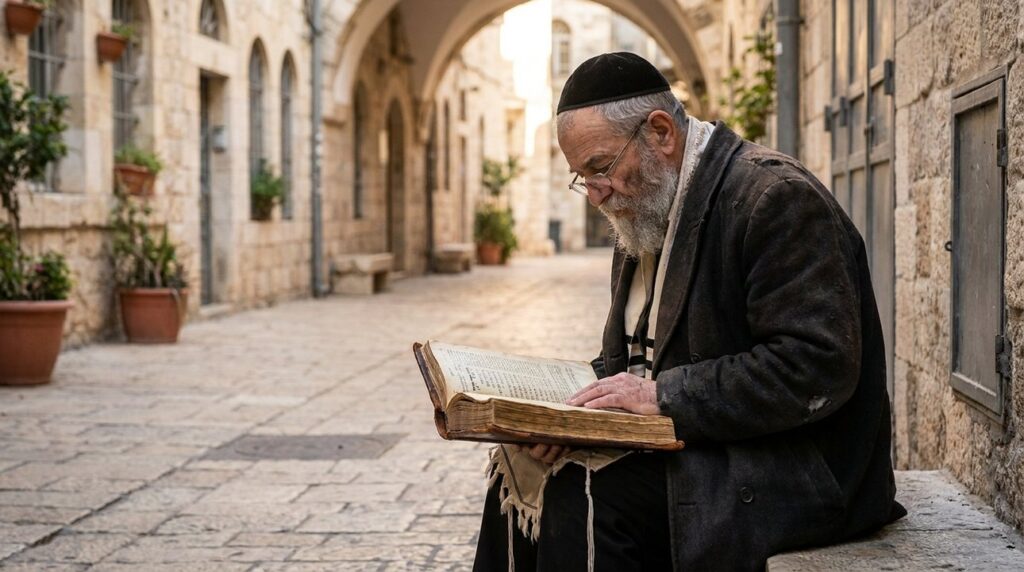 Elderly Jewish man reads scriptures in historic Jerusalem street.