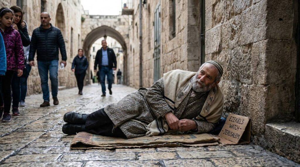 Elderly man in traditional Jewish attire lying on cobblestone street.