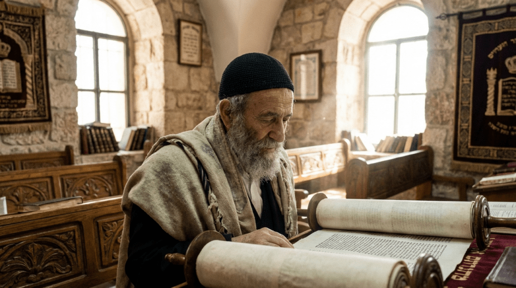 Elderly Jewish man reading Torah in sunlit Jerusalem synagogue.