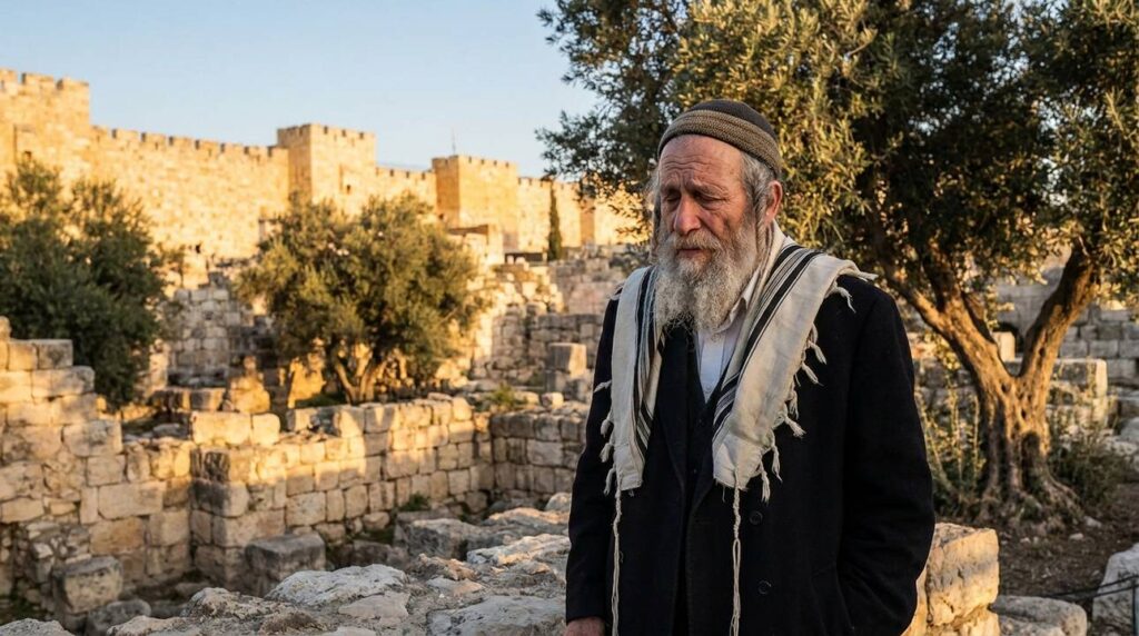 Elderly Jewish man in traditional attire among Jerusalem's ancient ruins.