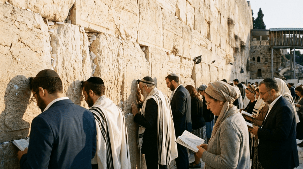 Diverse Jewish worshippers praying at the Western Wall at dawn.