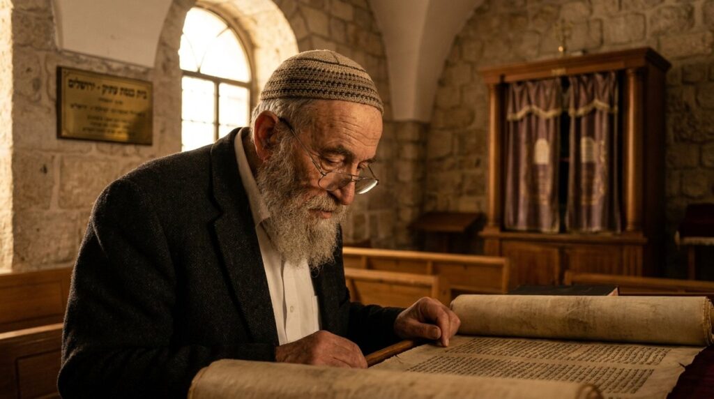 Elderly Jewish man in kippah reading ancient scroll in synagogue.