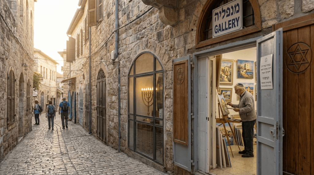 Cobblestone street in Safed with galleries, synagogue, and visible menorah.