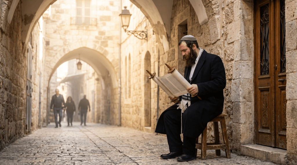 Jewish man in traditional attire reading Torah in Jerusalem street.