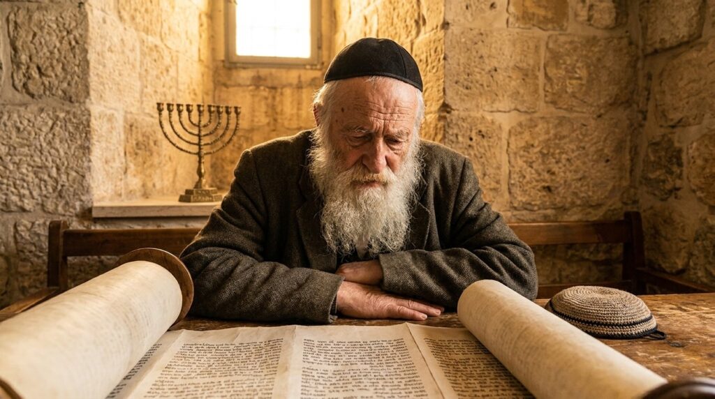 Elderly Jewish man studying ancient scroll in rustic Jerusalem room.