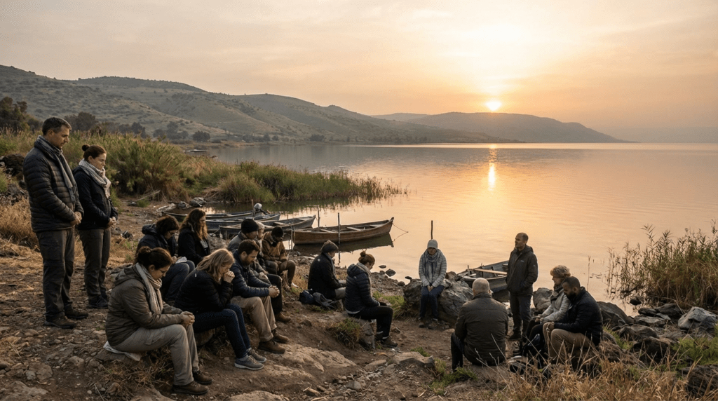Morning at the Sea of Galilee with pilgrims praying by shore.