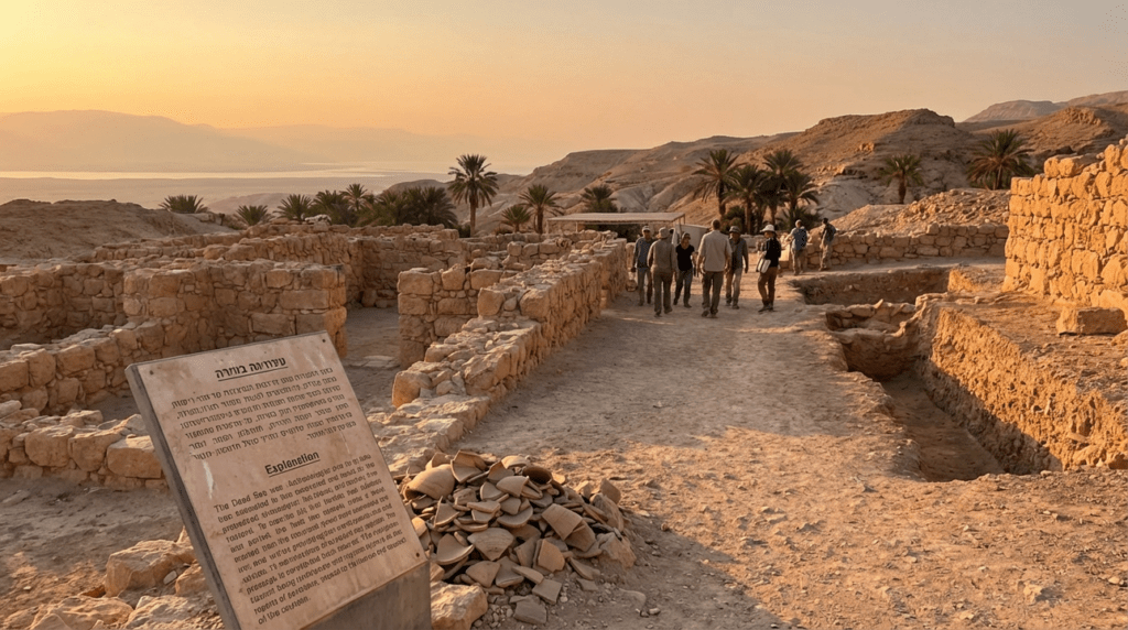 Warm evening light over ancient Jericho ruins and Jewish symbols.