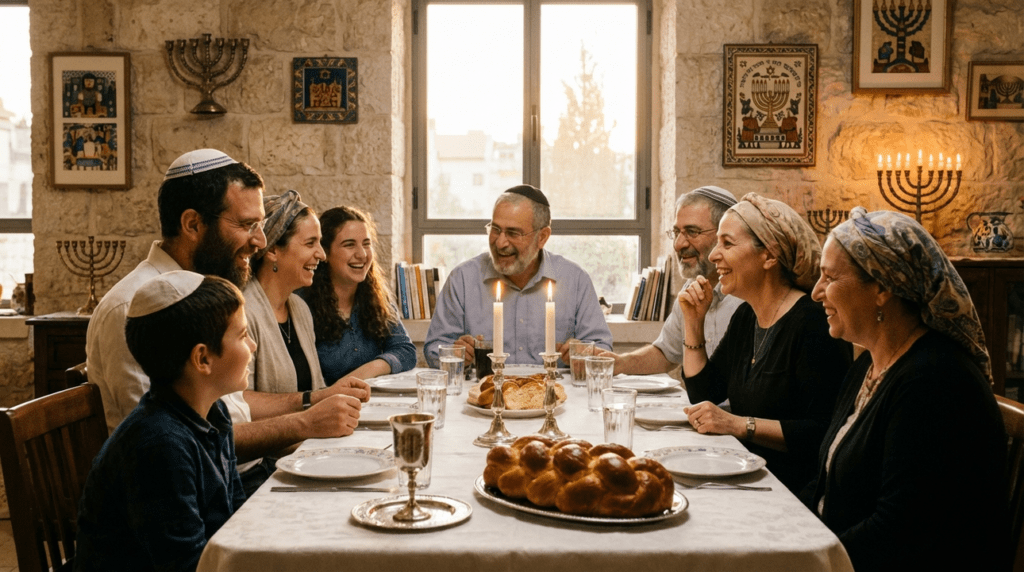Family enjoying Shabbat dinner, challah, wine, and candles on table.