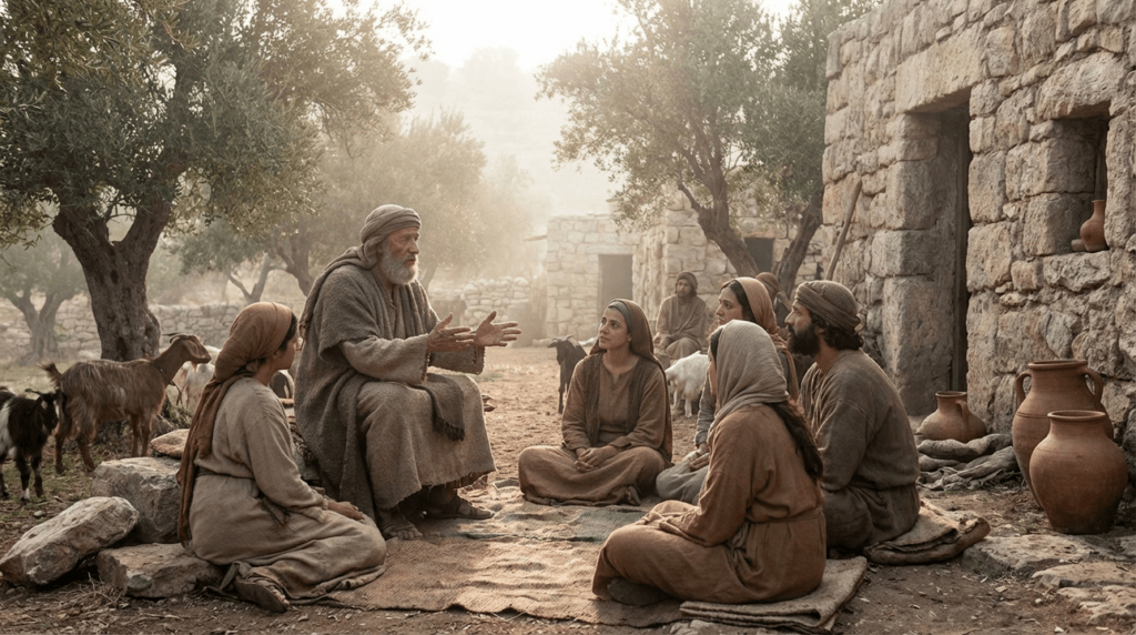 Prophet-like figure speaking to locals under olive trees in Judah.