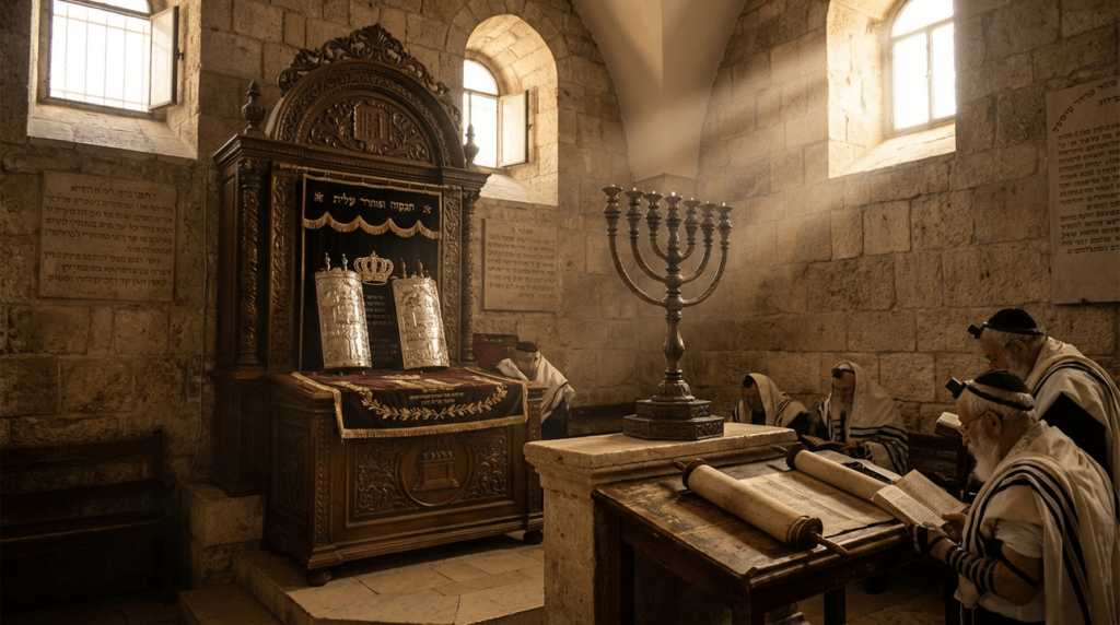 Early morning light illuminates an ornate Ark and menorah in a synagogue.