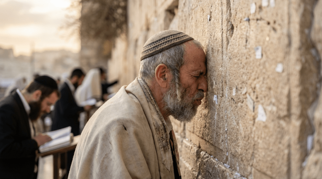 Elderly Jewish man praying silently at the Western Wall.